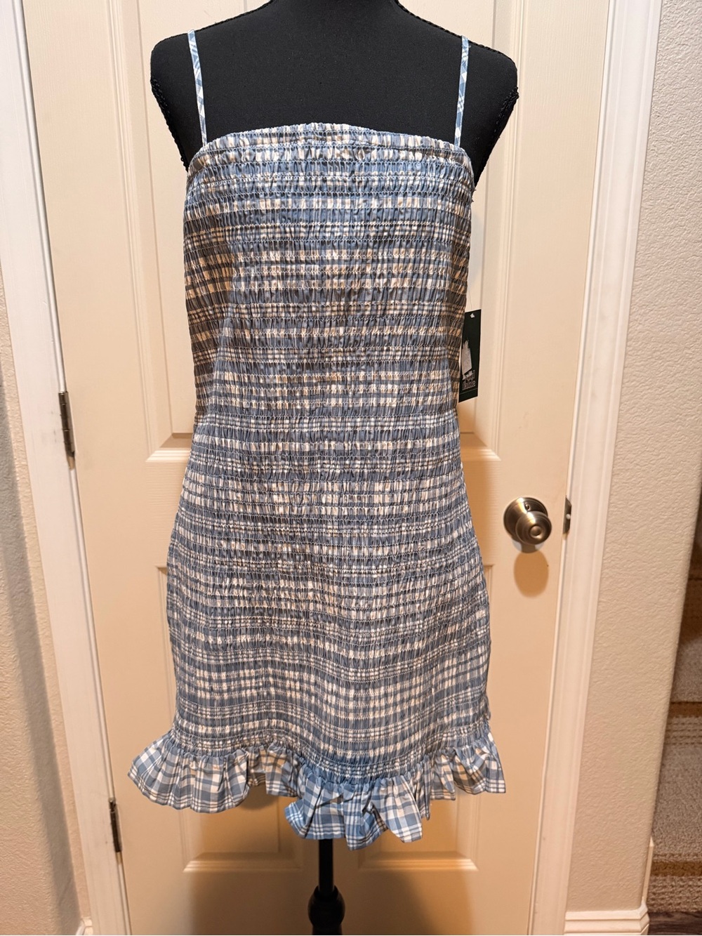 NWT Wild Fable Blue and White Plaid Smocked Mini Skirt with Ruffle Hem